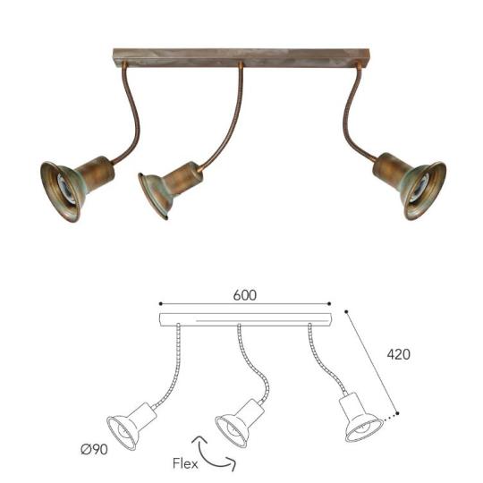 vintage rez hajlithato allithato mennyezeti spot harom izzos flexi lampa rusztikus vilagitas konyha nappali moretti luce forgathato antikolt paraszthaz videki patinas meret.jpg